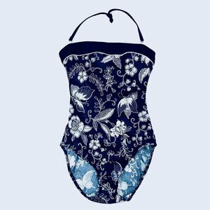 Longitude Navy Blue White Floral Print One-Piece Halter Swimsuit Size 10T